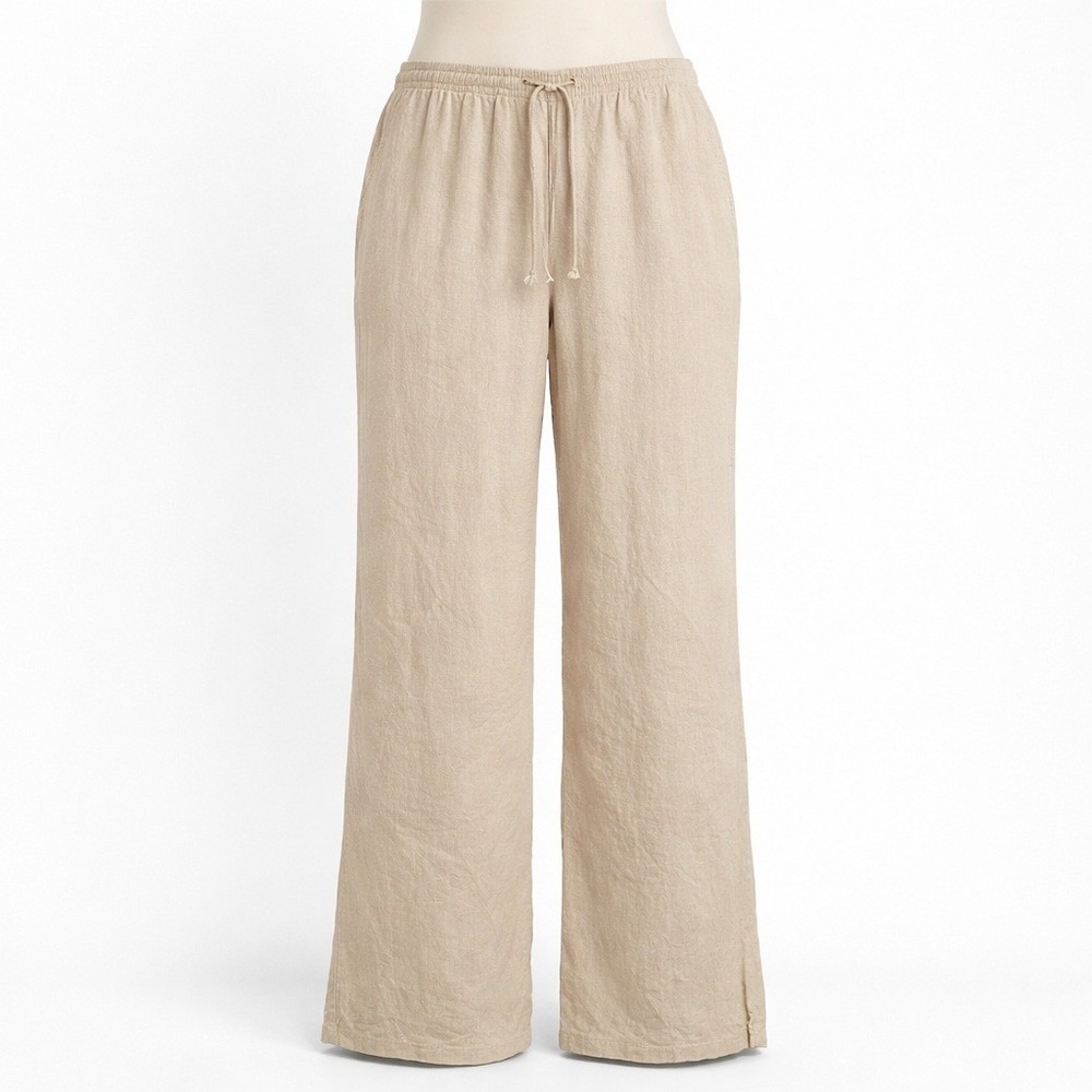 Womens Linen‎ Relaxed Wide Leg Pants Sz L Pockets Drawstring Boho Coastal Scandi